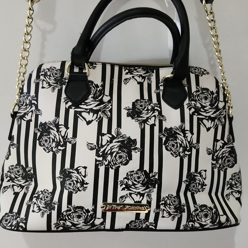Betsey Johnson Striped Floral Satchel Crossbody with Blue Bow Preloved - Picture 2 of 16
